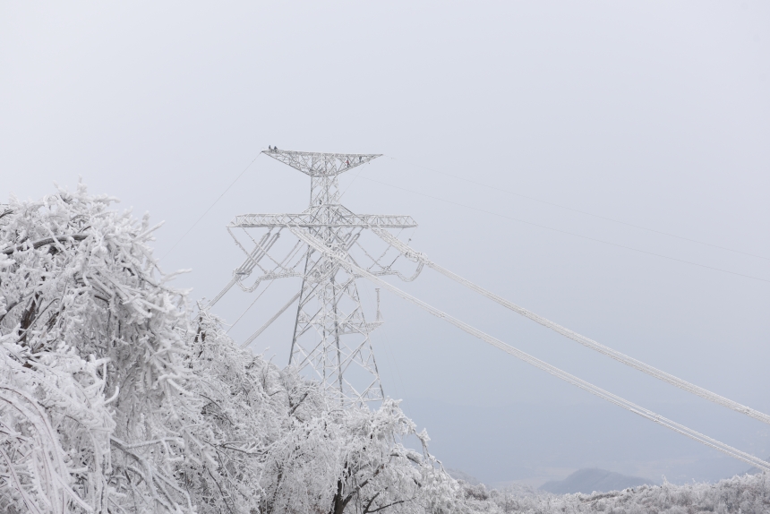 電力應(yīng)急處置人員爬上70米高的±800千伏陜武輸電線路1898號(hào)塔，通過機(jī)械震動(dòng)方式清除地線和光纜上的積雪。鄒小民攝 